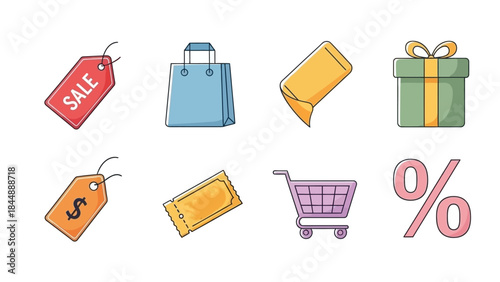 Retail Symbols: A colorful assortment of retail symbols, from shopping bags and discount tags to gift boxes and percent signs, set against an empty canvas, perfectly represents shopping and savings.