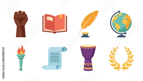 Symbols of Knowledge and Empowerment: A collection of diverse symbols, including a raised fist, open book, quill and inkwell, globe, torch, scroll, drum, and laurel wreath.