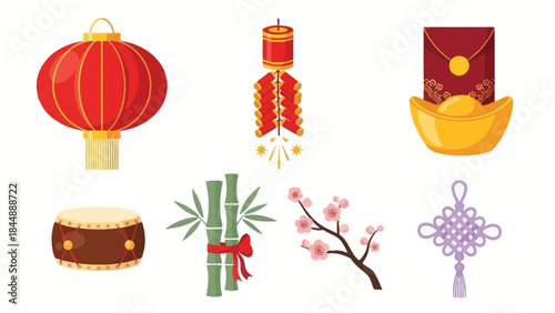 A collection of traditional Chinese New Year and cultural symbols including a red lantern, firecrackers, a red envelope with a gold ingot, a drum, bamboo, cherry blossoms, and a Chinese knot.