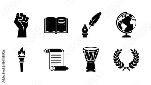 Black silhouette icons representing history, culture, education, knowledge, and social concepts like power and achievement.