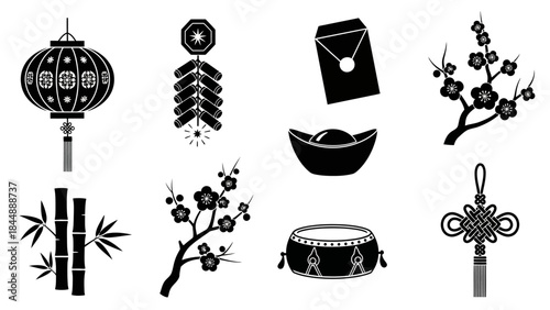 New Year Symbol Set: An artistic illustration features a collection of traditional cultural symbols, each representing prosperity and good fortune, ideal for festive celebrations.