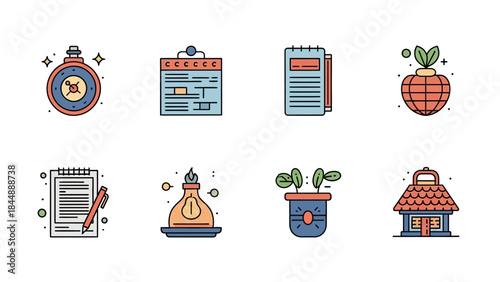 A collection of eight flat design icons representing business, planning, ideas, growth, and home concepts.