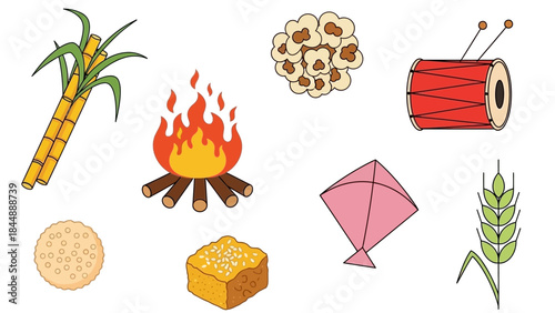 Illustration of traditional items associated with Indian harvest festivals like Lohri and Makar Sankranti, including sugarcane, bonfire, popcorn, drum, kite, wheat, and sweets.