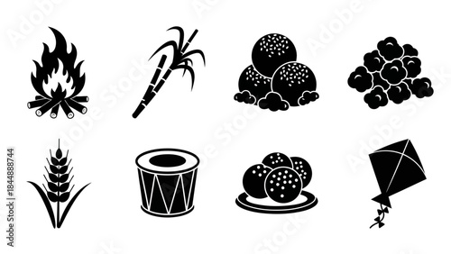 Icons of Celebration: A collection of simple black icons for a cultural festival, showcasing iconic symbols for the festival's vibrant essence.