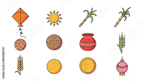 Collection of colorful icons representing Indian harvest festival elements like kites, sun, sugarcane, sweets, and traditional pots.