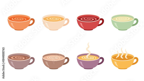 A collection of eight colorful cups filled with various hot and cold beverages.