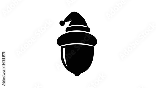 Black silhouette of an acorn wearing a Santa hat on a white background.