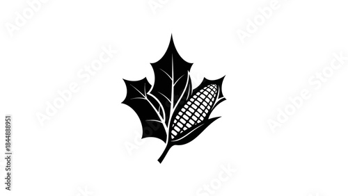Black silhouette of a maple leaf with a corn on the cob against a white background.