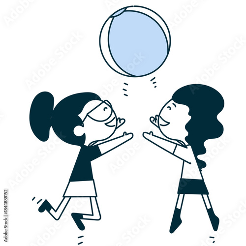 cute cartoon girls playing beach ball together in doodle hand drawn