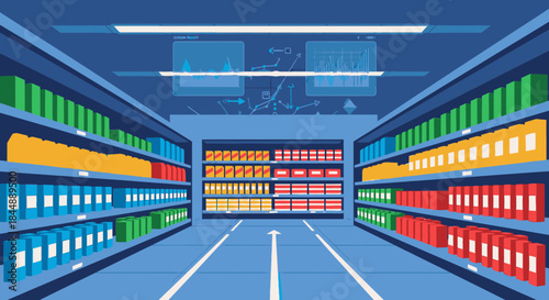 A vibrant, digitally integrated supermarket aisle showcases neatly stocked shelves brimming with diverse products, highlighting modern retail innovation.