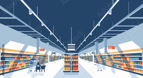 A modern supermarket interior features long aisles with neatly arranged shelves full of diverse products, illustrating a typical grocery shopping experience.
