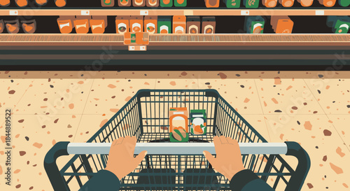 An immersive illustration captures the first-person experience of pushing a shopping cart through a modern grocery store aisle, filled with colorful products.
