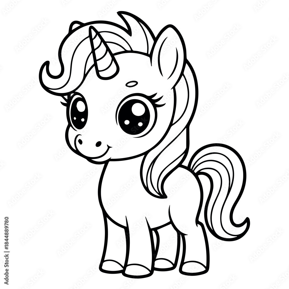 Fototapeta premium Cute cartoon unicorn vector illustration for kids coloring book page and learning material design asset