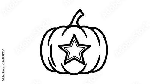 Black line drawing of a pumpkin with a star on a white background.
