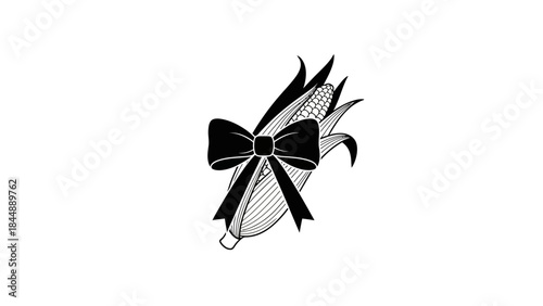 Black and white illustration of a bow tied around a decorative feather against a plain