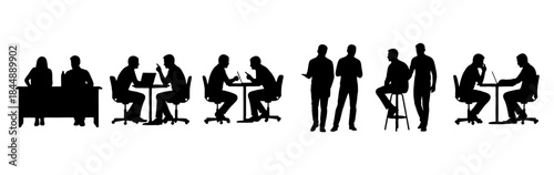 Silhouette illustrations depict business professionals engaged in meetings and discussions