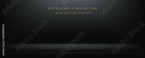 Black studio room. Limbo dark grey spotlight background. Abstract 3d backdrop for product presentation. Minimal wall scene. Showcase, promotion display. Vector stage mockup illustration