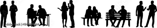 Vector silhouettes depicting diverse groups of people engaged in professional discussions, social interactions, and casual conversations