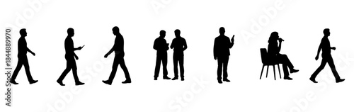 Silhouettes of people in various poses, including walking and standing, showcasing human activity and interaction