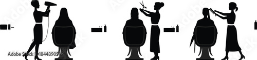 Professional hairstylist silhouette vector set showing haircut, blow-drying and styling scenes, beauty salon illustration ideal for branding, posters, instructional graphics, 