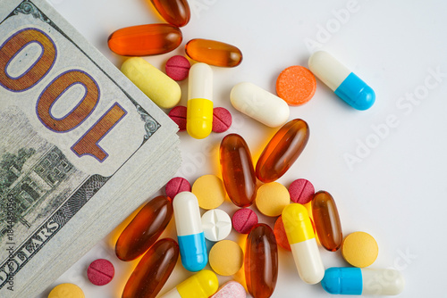 Medicine prescription drugs cost concept, Pills on money dollars, healthcare expenses