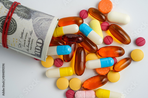 Medicine prescription drugs cost concept, Pills on money dollars, healthcare expenses