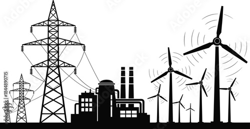 Renewable energy and industrial power infrastructure illustration, wind turbines, power transmission towers, factory silhouette, sustainable electricity generation concept,