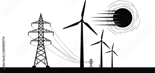 Renewable energy landscape silhouette, wind turbines and high voltage transmission tower illustration, sustainable power generation concept, clean energy infrastructure, modern electricity grid vector