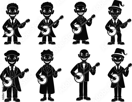 Banjo player character illustration, cartoon musician set, black and white graphic, vintage outfit design, wide grin face, spooky style, artistic concept, musical theme, eerie pose