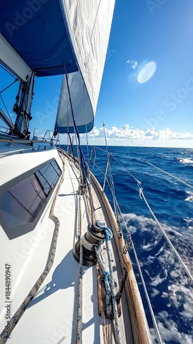 Sailing Boat on a Bright Sunny Day With Blue Sails and White Hull Gliding Through Deep Blue Ocean Waves Under a Clear Sky