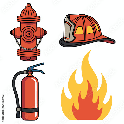 Firefighter equipment illustration featuring hydrant, extinguisher, helmet and fire safety tools vector art