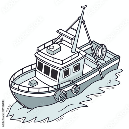 Fishing Trawler Boat Sailing Through Water Line Art fishing boat ship