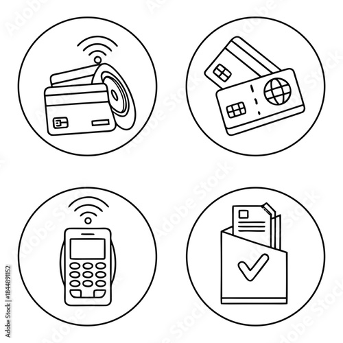 Contactless Payment and Financial Transaction Icons outline illustration