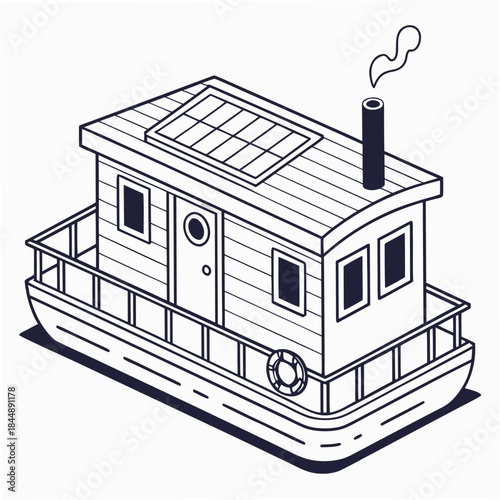 Isometric drawing of a houseboat with solar panels and smoke ship watercraft