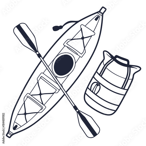 Kayak and Paddle with Dry Bag Outline Illustration canoe drawstring bag
