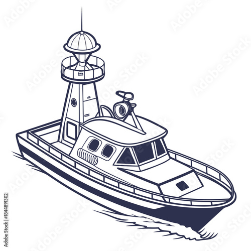 Motorboat on the water on a white background Keywords: motorboat, boat, vessel, ship, nautical