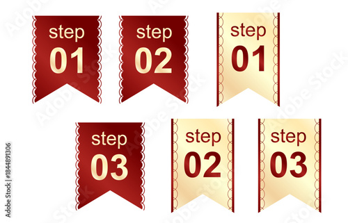 Vector Collection of Six Decorative Banners Featuring Step 01, 02, and 03 Text in Rich Gold Color, with Two Styles: Deep Red Top and Full Gold Gradient Bottom