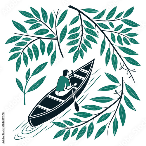 Person Canoeing Surrounded by Green Leaves on White Background paddling water