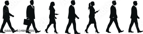 Business people walking, silhouette motion, black and white, formal attire, briefcase gesture, workplace commute, professional diversity, mobile device, corporate movement, office scene, team stride
