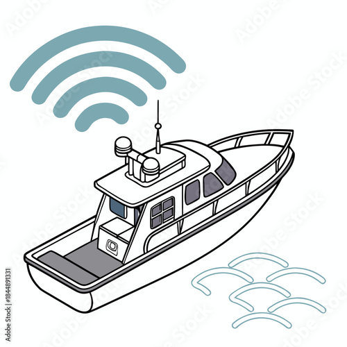 Isometric drawing of a motorboat with wireless signal icons vessel watercraft
