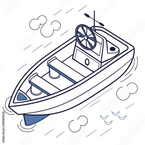 Isometric line art illustration of a small motorboat on water ocean