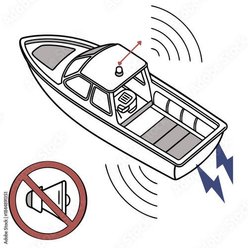 Motorboat with Sound Waves and a No Horns Sign Keywords: motorboat, boat, yacht, vessel