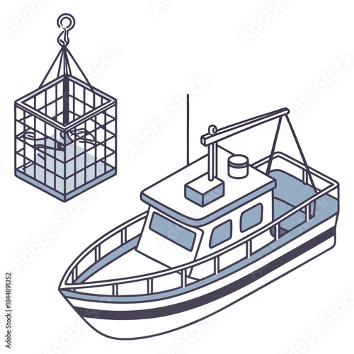 Isometric Fishing Boat with a Suspended Cage of Catch Keywords: fishing boat, vessel, ship