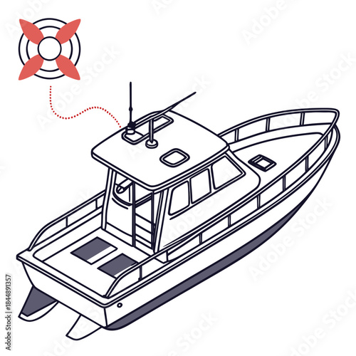 Outline illustration of a modern motor yacht with a lifebuoy boat vessel