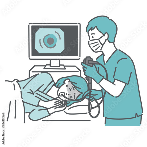 苦しい胃カメラ検査（鎮静剤なし・嘔吐反射）を受ける女性のイラスト