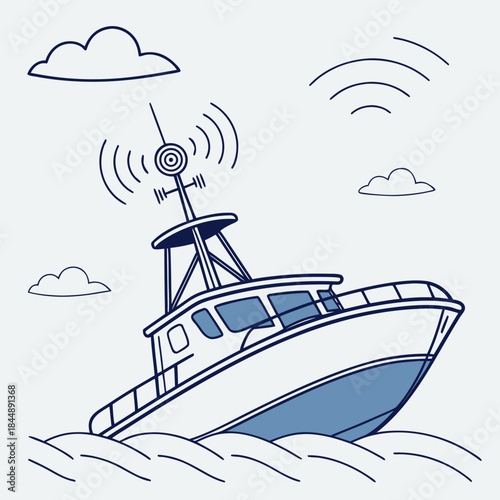 Stylized illustration of a fishing boat with radio waves vessel watercraft
