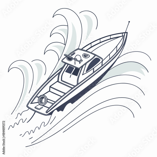 Outline Illustration of a Motorboat Navigating Through Waves Keywords: motorboat, boat, yacht