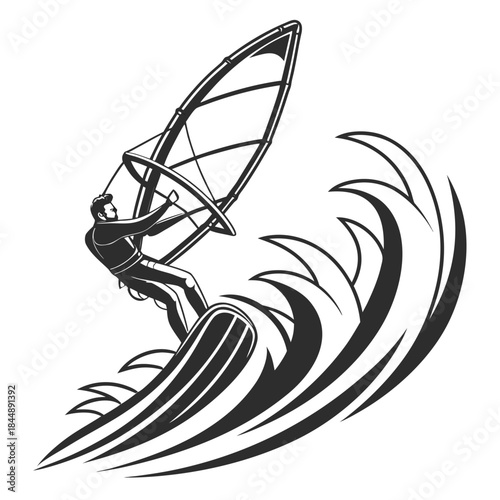 Windsurfer Riding a Wave in Stylized Black and White Vector Art Keywords: windsurfing