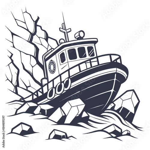 Fishing Boat Stranded on Rocks Illustration Keywords: fishing boat, ship, maritime, marine