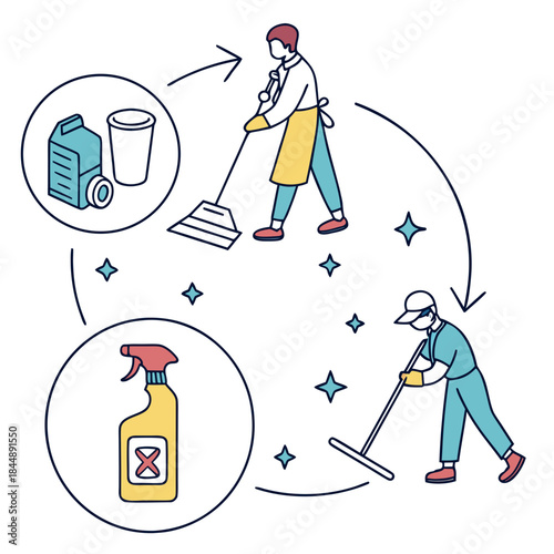 Cleaning service cycle with two workers and cleaning supplies vector illustration